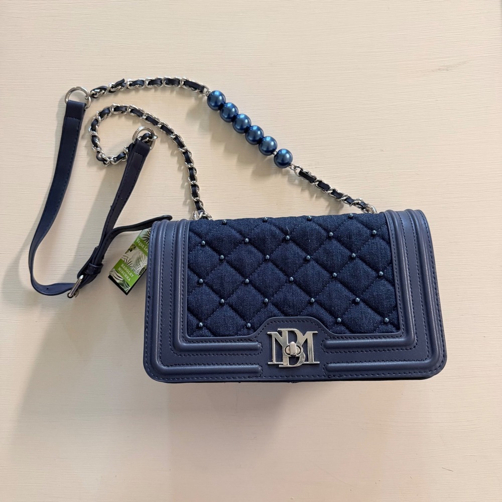 Badgley Mischka Navy Blue Quilted Denim Vegan Leather Pearl Chain Crossbody Bag